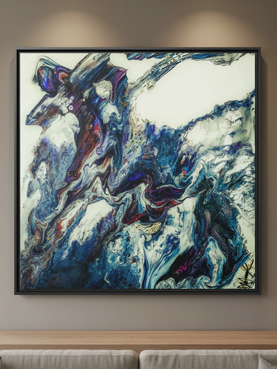 Afrostar hand poured abstract painting, FREEBRD Art Series, navy and purple swirling acrylic pour, living room wall art.