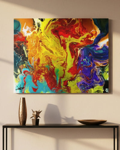 Red Rain original acrylic pour canvas, FREEBRD Art Series, iridescent crimson and gold fluid pour wall art.