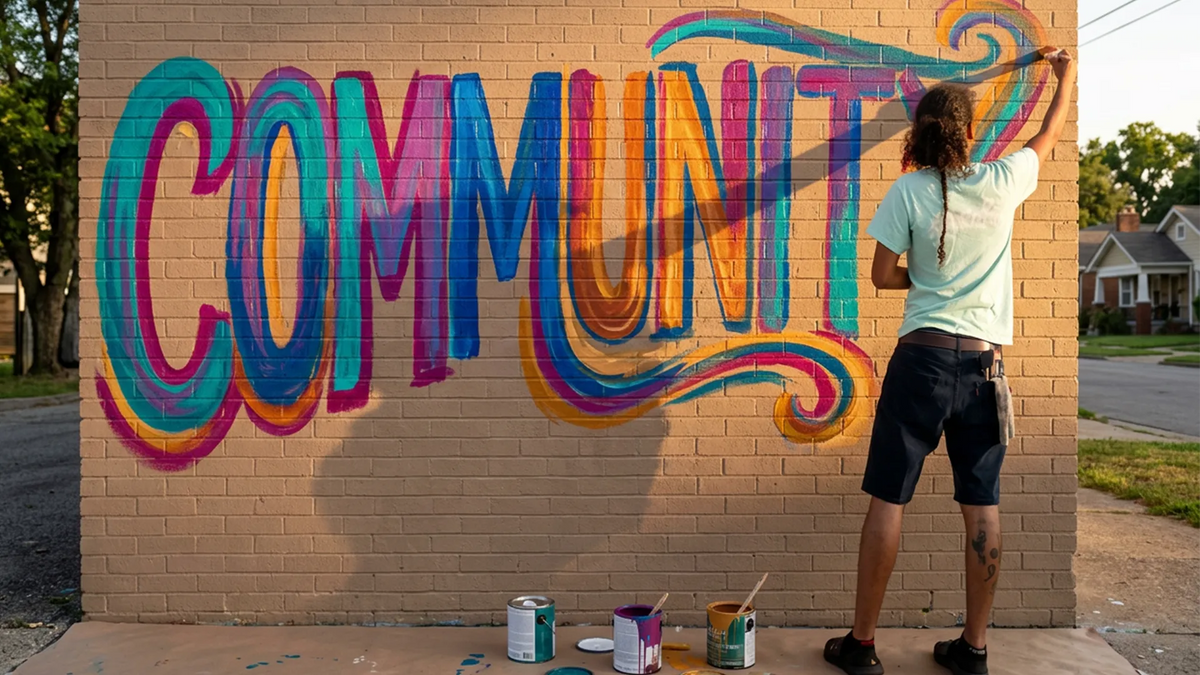 AI-generated illustration of Jasmine, viewed from behind, painting a colorful COMMUNITY mural on a brick wall.