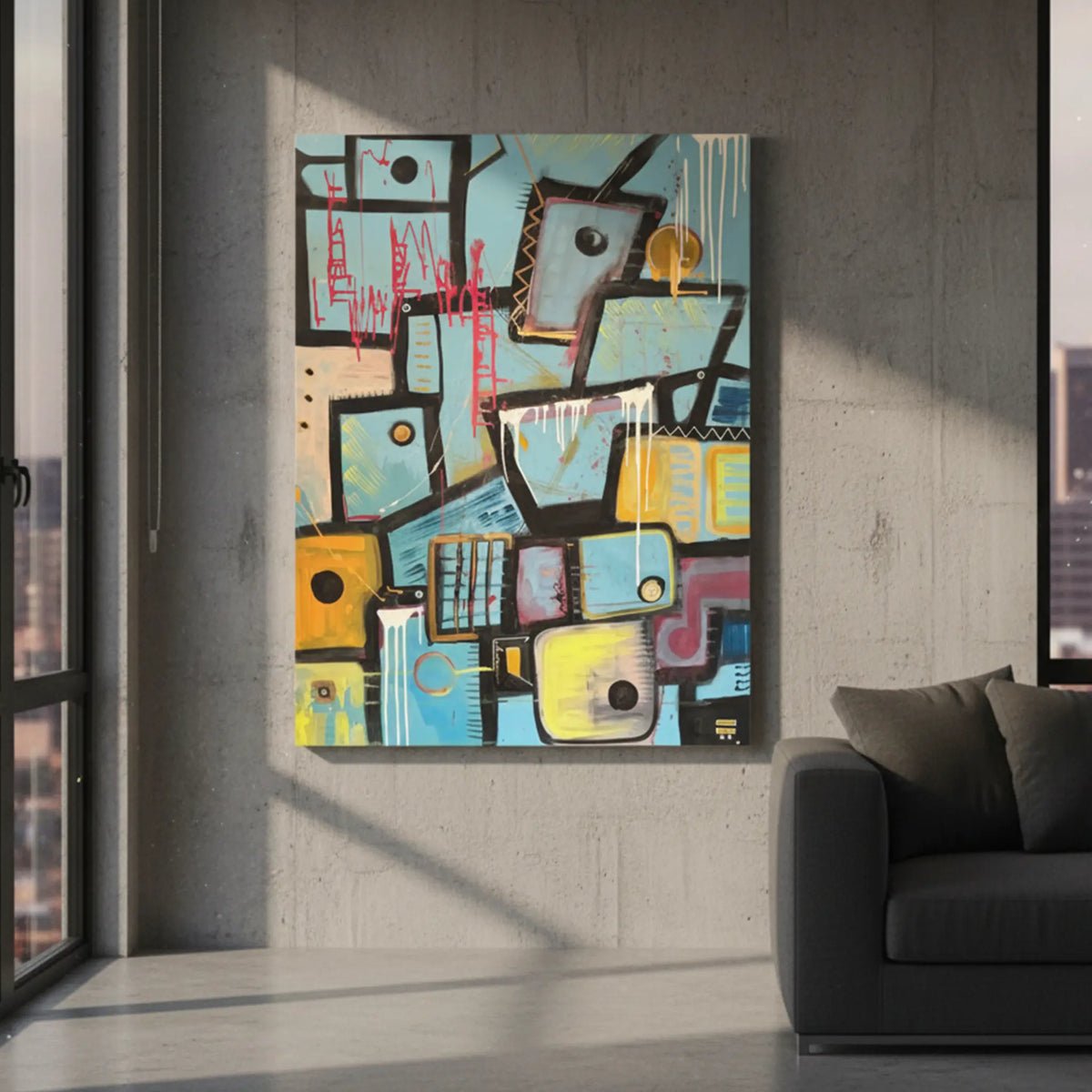 Patchy abstract artwork with blue-green and yellow geometric panels, thick black outlines, red marks, and white drips on a concrete wall beside a dark sofa.
