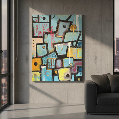 Patchy abstract artwork with blue-green and yellow geometric panels, thick black outlines, red marks, and white drips on a concrete wall beside a dark sofa.