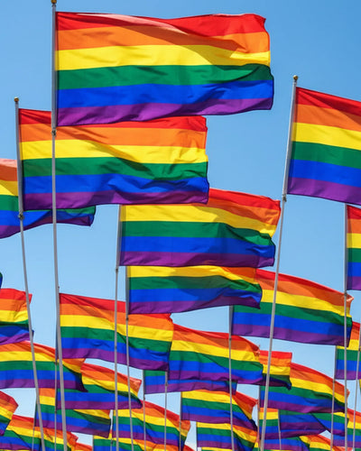 Rainbow Pride flags waving against blue sky, Pride parade, Pride 2026, FREEBRD Unity blog.