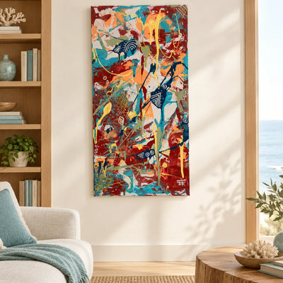 Seaside Mantra abstract artwork with turquoise, red, peach, and yellow splashes, displayed vertically beside a wooden bookshelf in a sunlit coastal living room.