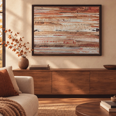 The Journey abstract painting with horizontal cream, tan, brown, and muted red layers, shown in a dark frame above a wooden sideboard in a sunlit living room.
