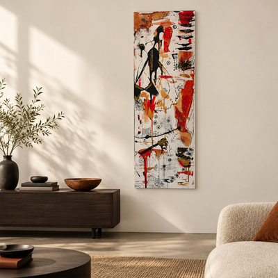 Tribal Nights tall abstract artwork with black figures, red and gold accents, and fine geometric marks on white, displayed beside a dark wooden console.