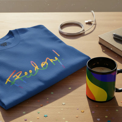 Freedom rainbow script tee and rainbow wave mug on a desk, Pride gear everyday, FREEBRD Unity blog.