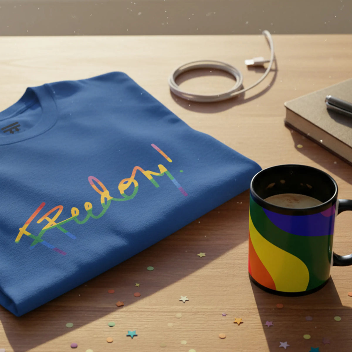 Freedom rainbow script tee and rainbow wave mug on a desk, Pride gear everyday, FREEBRD Unity blog.