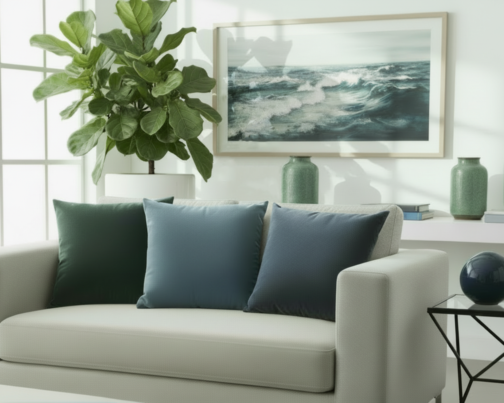 A curated cluster of Mughal Green, Navy Dust and Elegant Blue faux suede pillows from the Sanctuary Series, styled on a modern beige sofa to create a restorative, moody living room aesthetic.