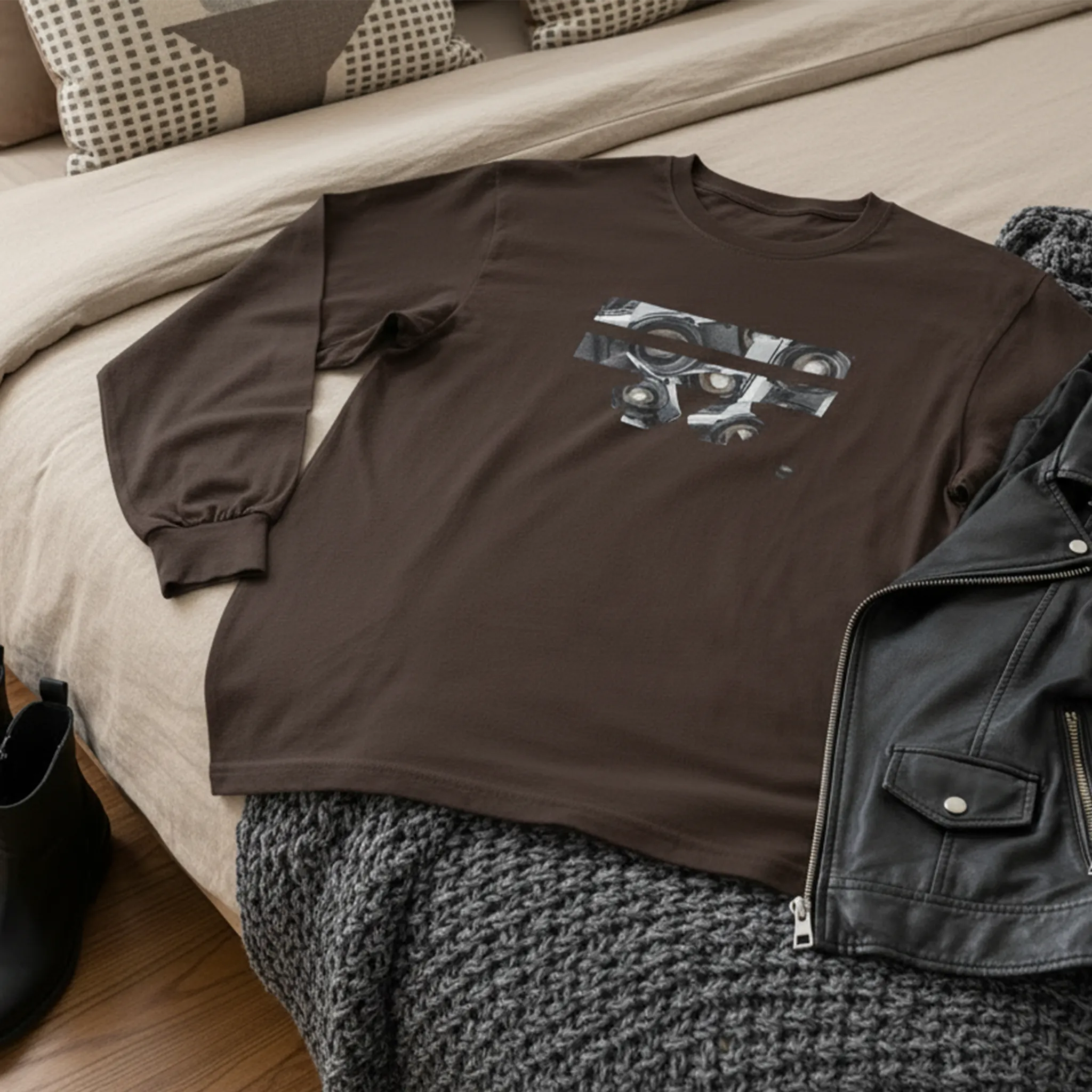 Long sleeve tops with artistic graphic prints, casual wear.
