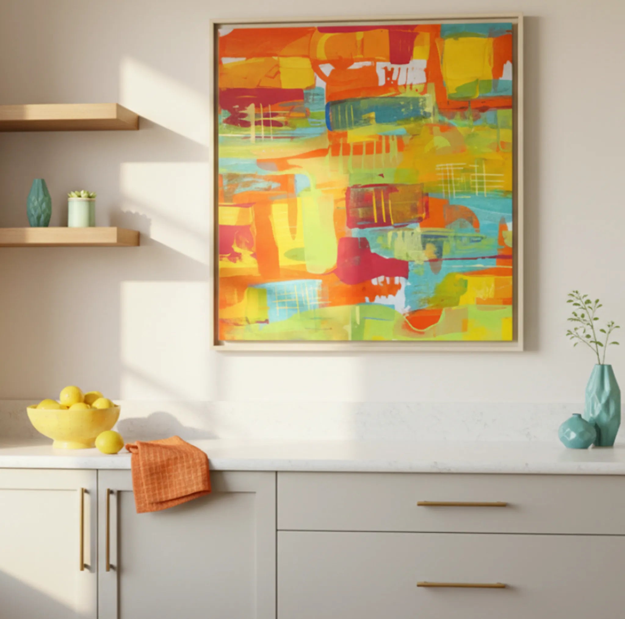 Framed modern art prints with bold graphic designs, contemporary wall decor.