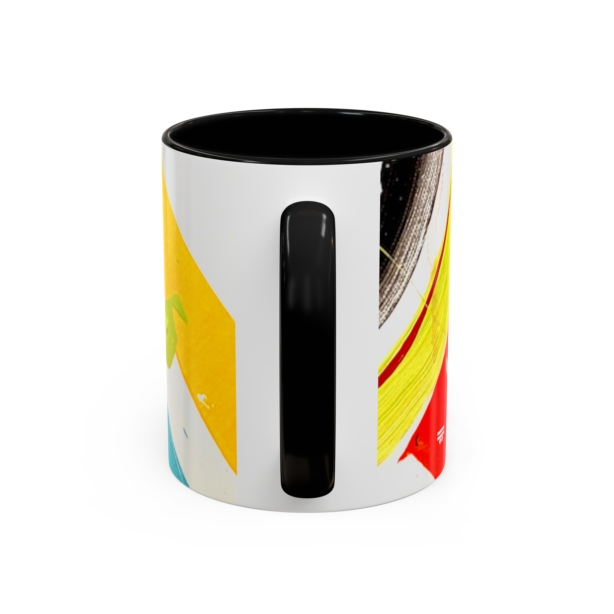 “Stripe Status” Coffee Mug view from the back showcasing a clack C-Handle cup with yellow and black brush strokes and a black interior.