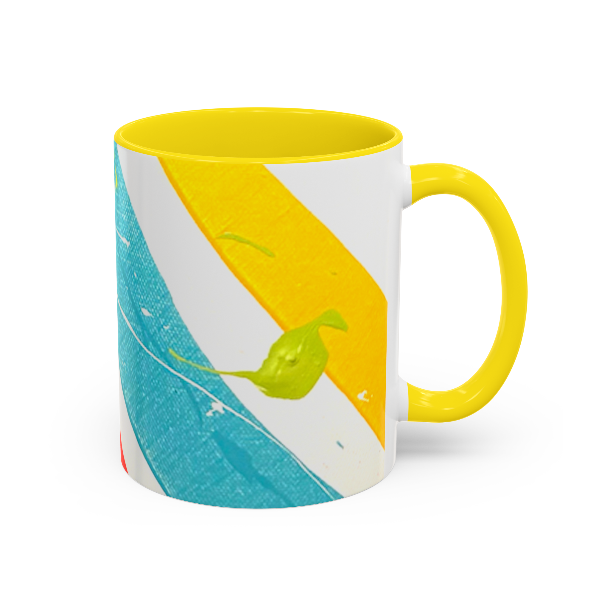 “Stripe Status” Coffee Mug view from the right side showcasing teal and yellow stripes with green paint color splash texture and a yellow C-Handle with a yellow interior.