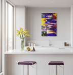 Modern kitchen with Freebrd’s “Tribal Wave”abstract painting on the wall, white countertops, and purple stools.