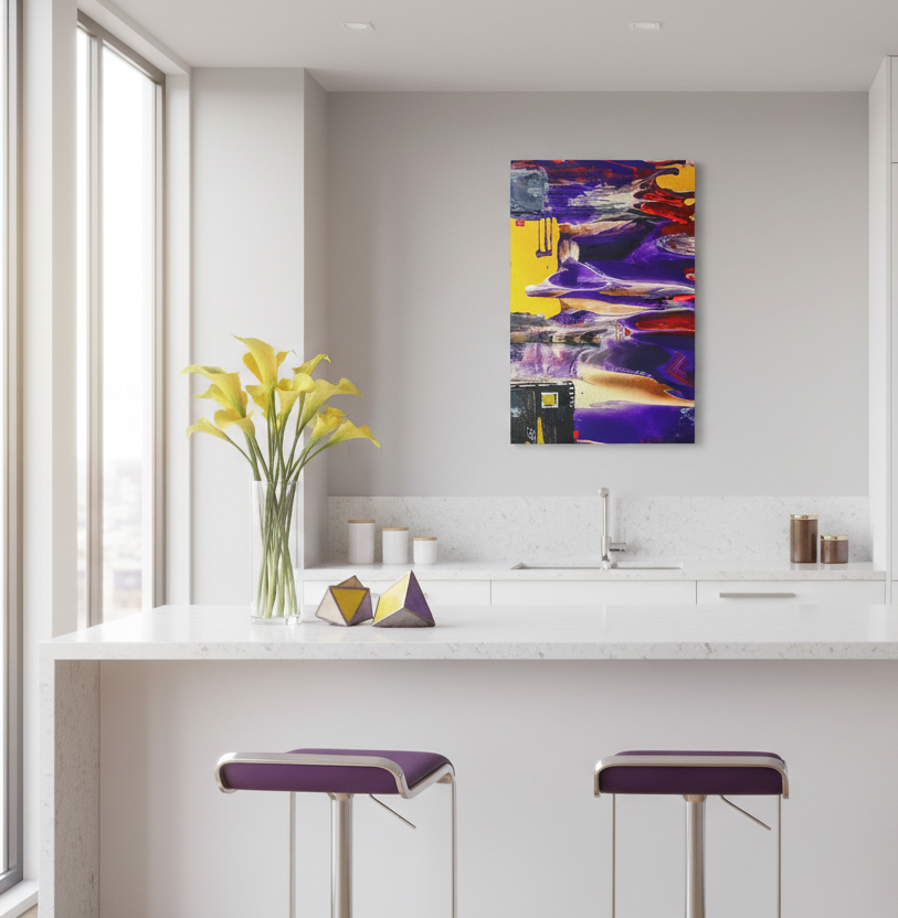 Modern kitchen with Freebrd’s “Tribal Wave”abstract painting on the wall, white countertops, and purple stools.