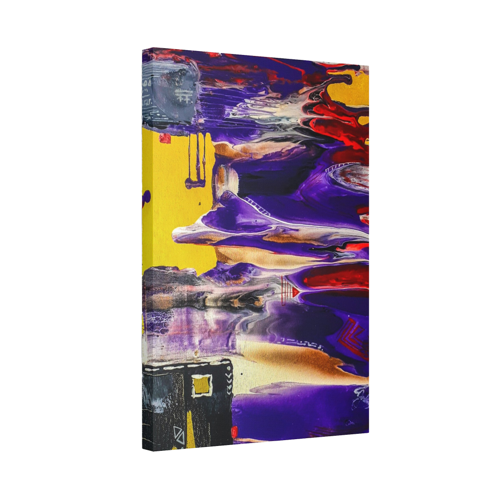 "Tribal Wave" by Freebrd Abstract Mesa Wall Décor on a 1.5" canvas showcasing yellow, red, burgundy, black, purple and grey colors with white geometric tribal accents 