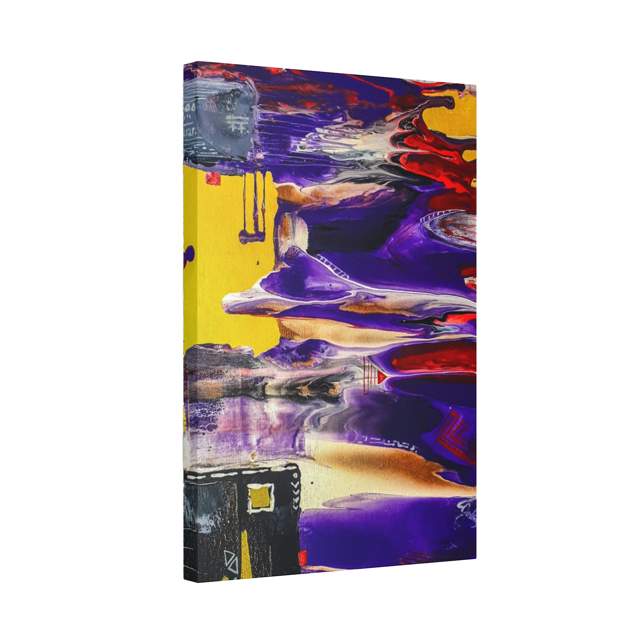 "Tribal Wave" by Freebrd Abstract Mesa Wall Décor on a 1.5" canvas showcasing yellow, red, burgundy, black, purple and grey colors with white geometric tribal accents 