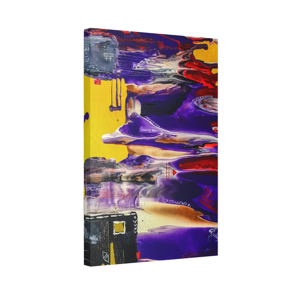 "Tribal Wave" by Freebrd Abstract Mesa Wall Décor on a 1.5" canvas showcasing yellow, red, burgundy, black, purple and grey colors with white geometric tribal accents 