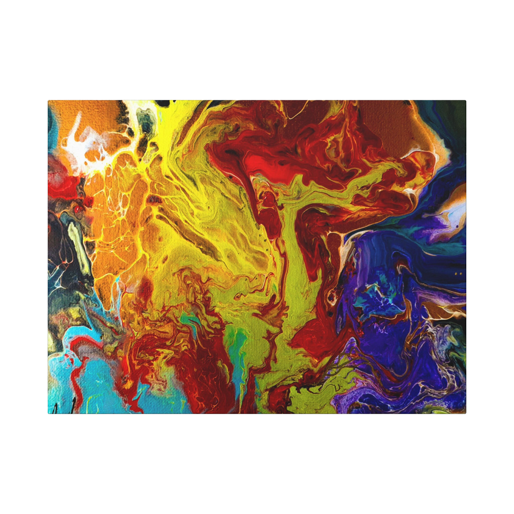 24″ x 18″ "Red Rain" Abstract Canvas Wall Art Decor Showcasing red tones, purples, yellows, bronze, blacks and blue tones on a 1.25 inch canvas. 