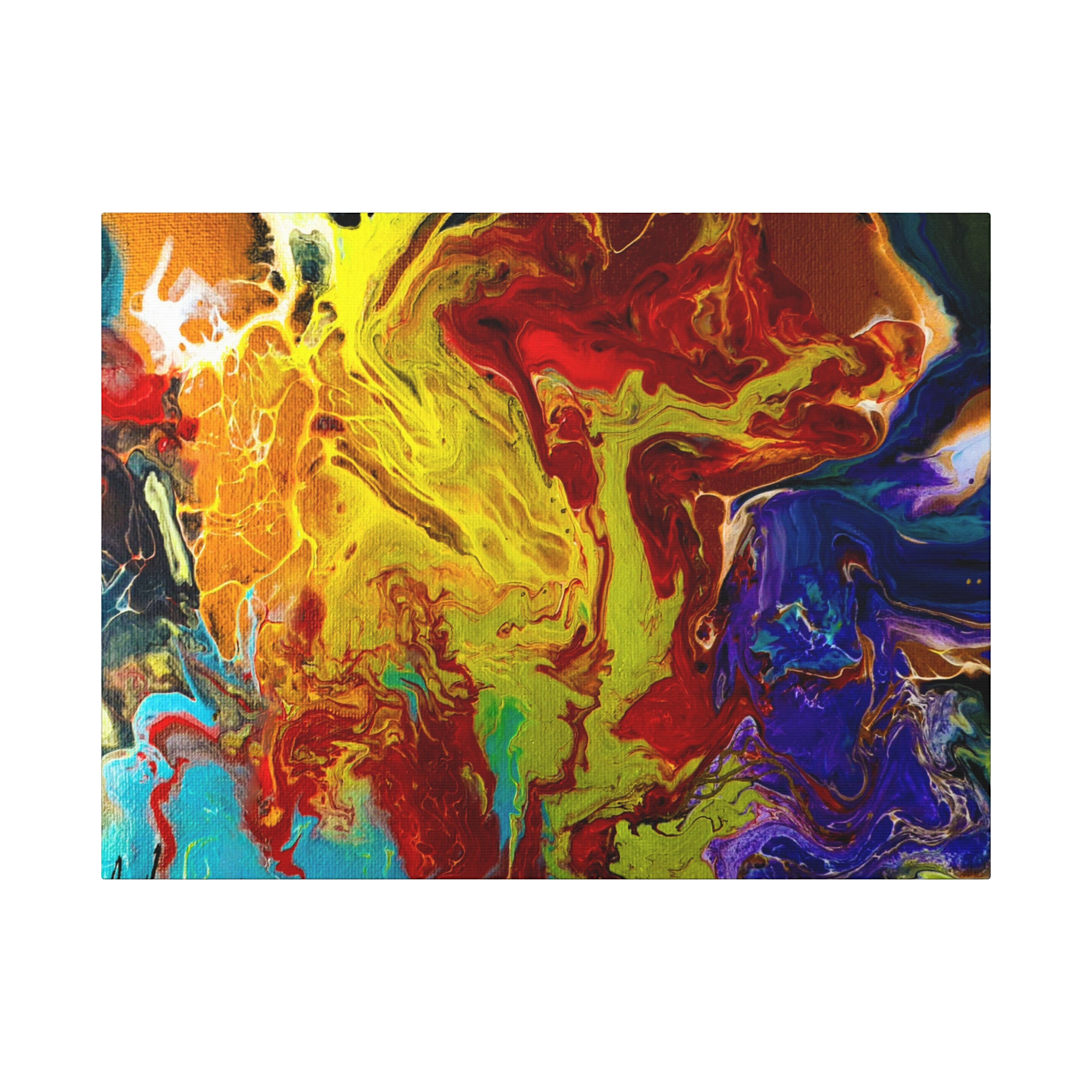 24″ x 18″ "Red Rain" Abstract Canvas Wall Art Decor Showcasing red tones, purples, yellows, bronze, blacks and blue tones on a 1.25 inch canvas. 