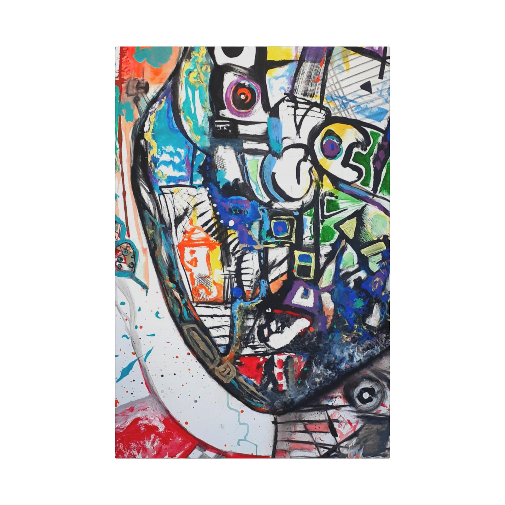 24" x 36" Freebrd "Frankly" Surrealistic Geometric Facial Abstractions Contemporary Wall Art, on a 1.5 inch thick canvas, showcasing blues, reds, purples, greys, beige, yellows and orange tones. 