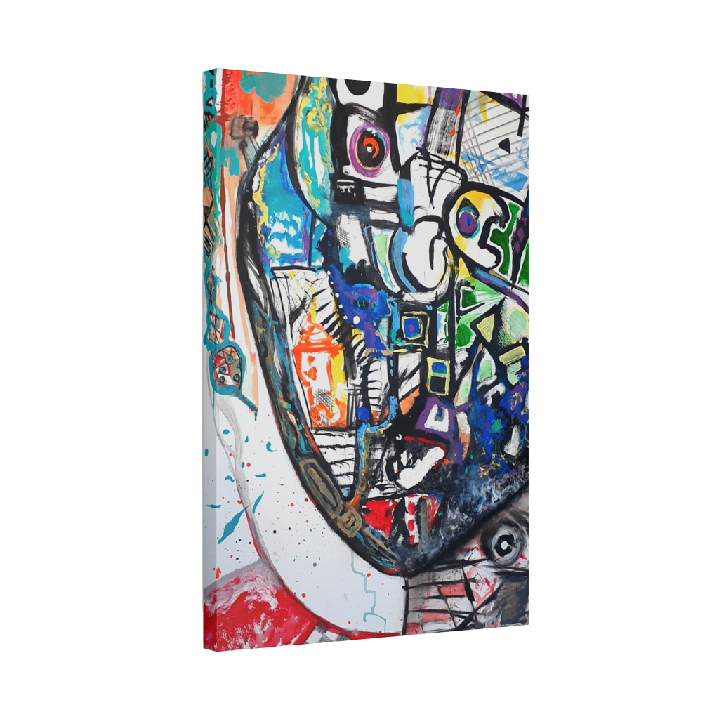 24" x 36" Freebrd "Frankly" Surrealistic Geometric Facial Abstractions Contemporary Wall Art, on a 1.5 inch thick canvas, showcasing blues, reds, purples, greys, beige, yellows and orange tones. 
