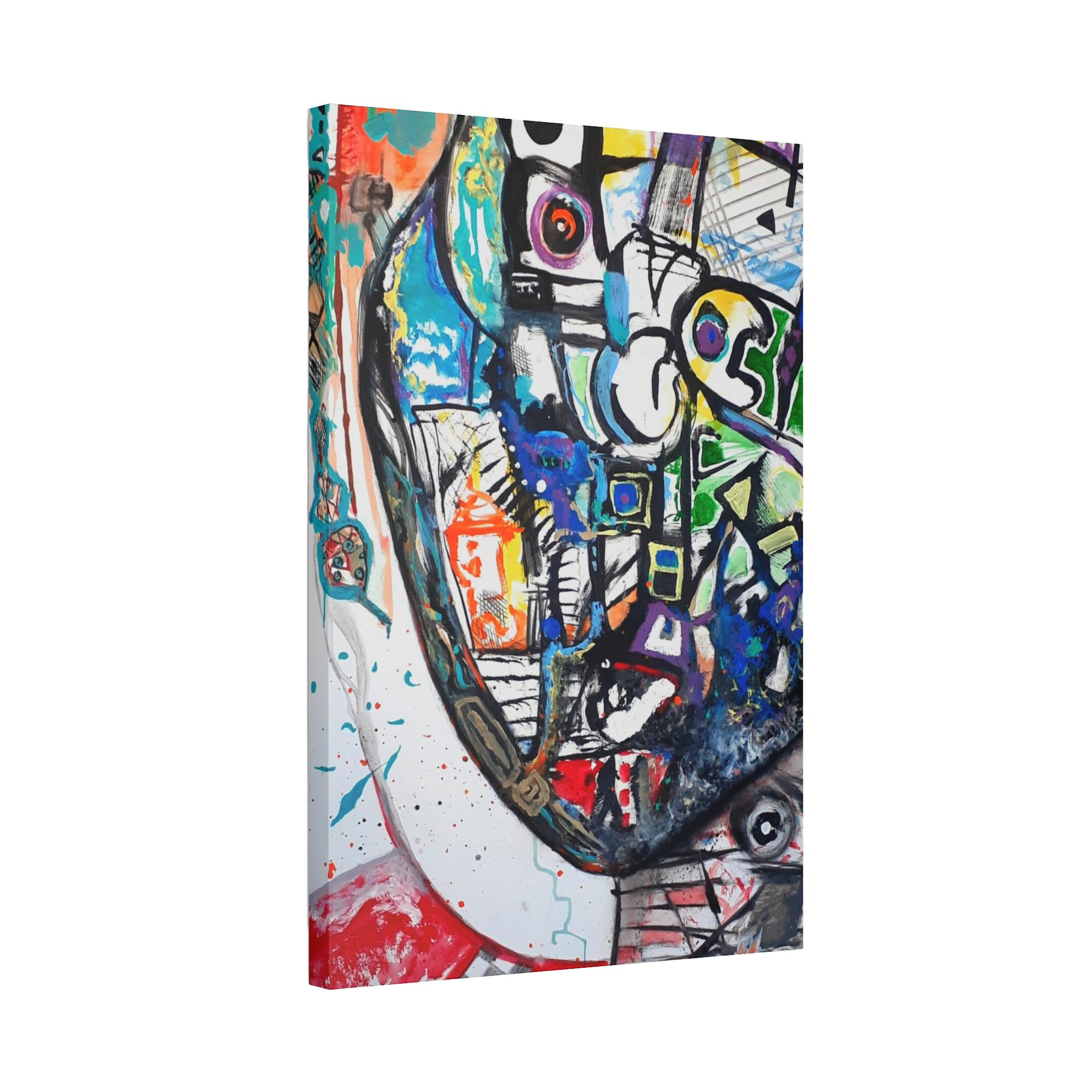 24" x 36" Freebrd "Frankly" Surrealistic Geometric Facial Abstractions Contemporary Wall Art, on a 1.5 inch thick canvas, showcasing blues, reds, purples, greys, beige, yellows and orange tones. 
