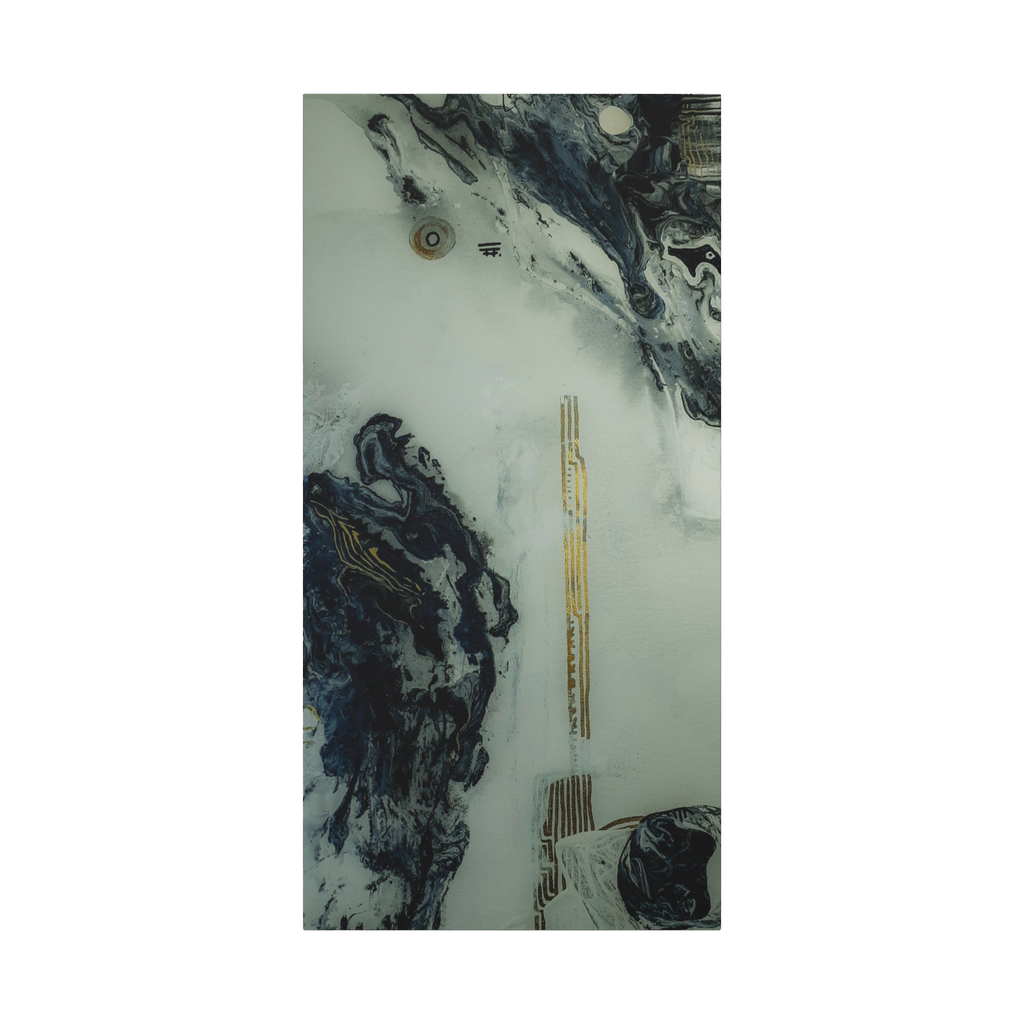 24" x 48" "Tu Gough" on 1.25" Stretched Canvas Modern Art Wall Decor showcasing abstract artwork with blacks, greys, and gold color tones on a faded ink background
