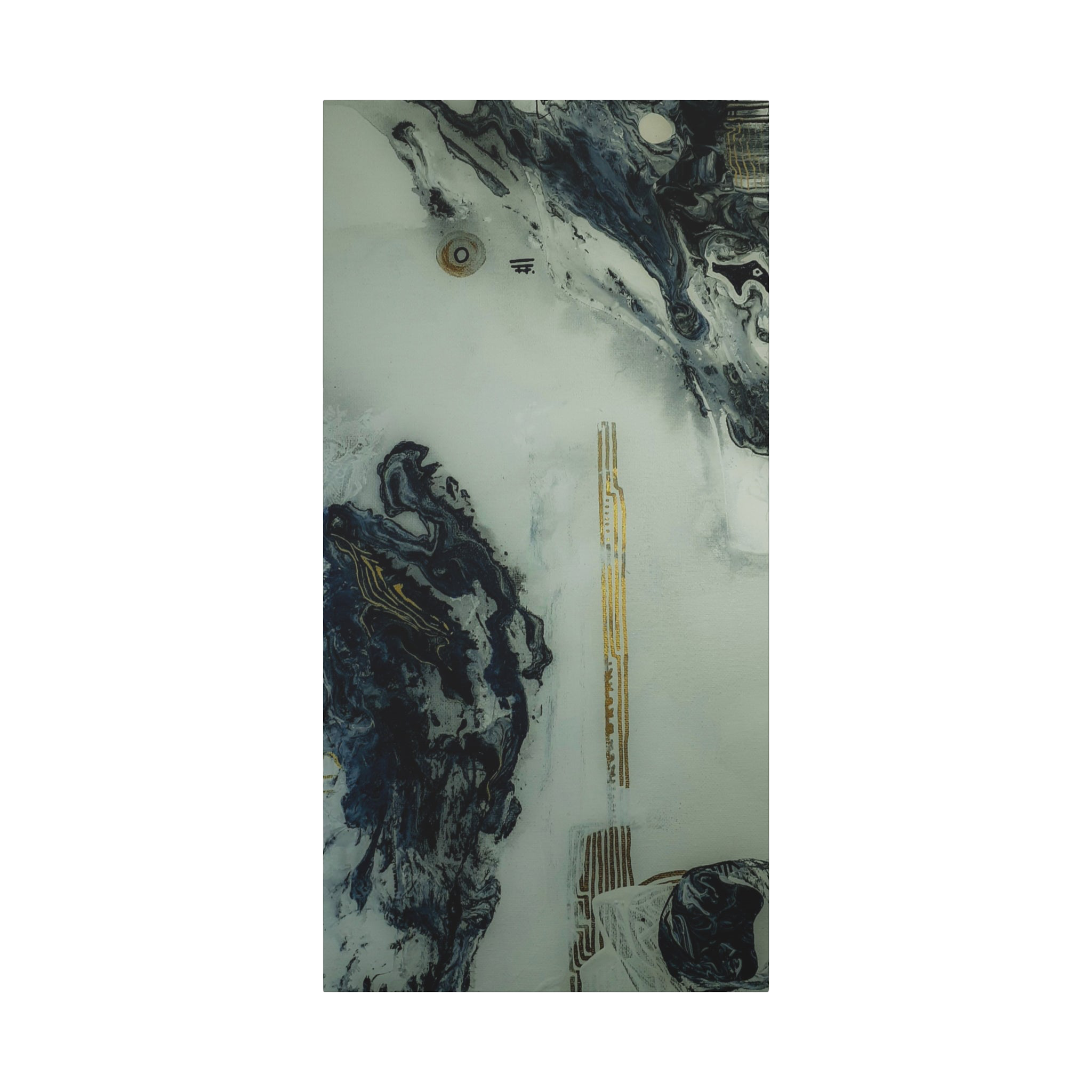 24" x 48" "Tu Gough" on 1.25" Stretched Canvas Modern Art Wall Decor showcasing abstract artwork with blacks, greys, and gold color tones on a faded ink background
