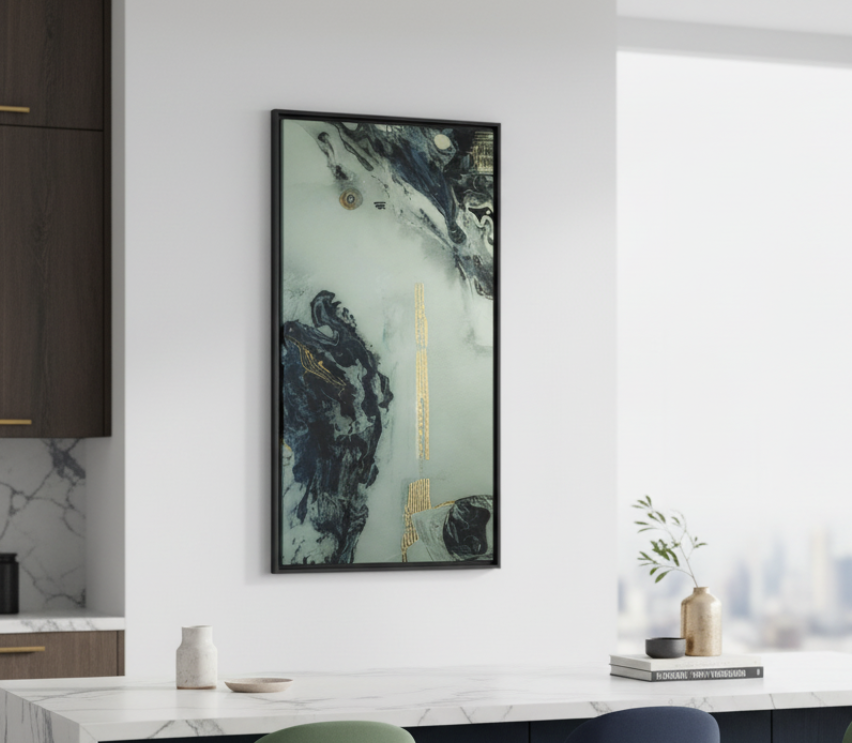 Modern interior with a Freebrd "Tugough" framed abstract artwork on a white wall.