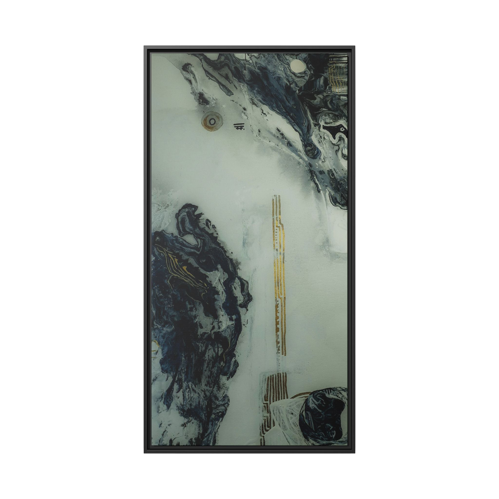 24" x 48" "Tu Gough" on 1.25" Stretched Canvas Modern Art Wall Decor Framed in black wood showcasing abstract artwork with blacks, greys, and gold color tones on a faded ink background 