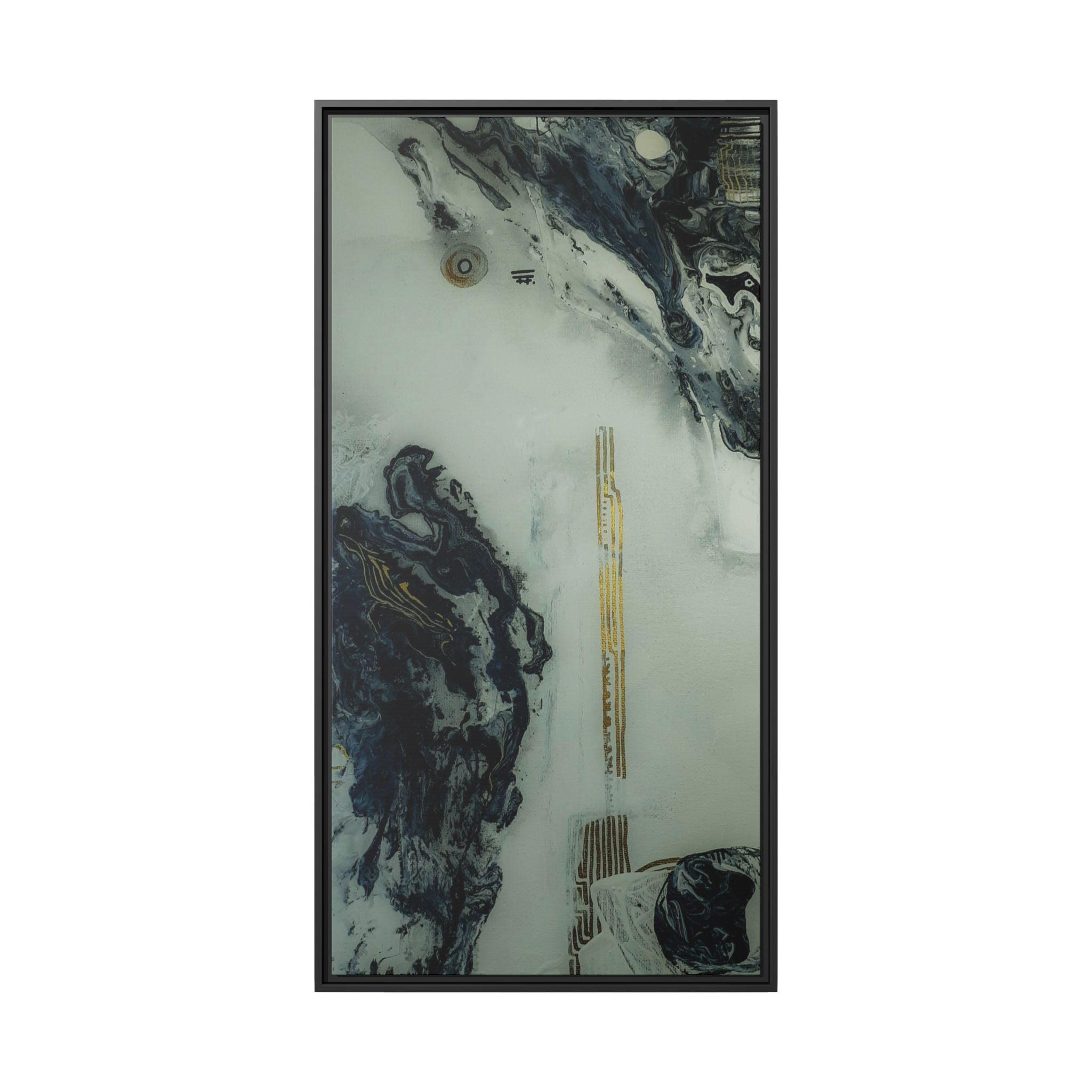 24" x 48" "Tu Gough" on 1.25" Stretched Canvas Modern Art Wall Decor Framed in black wood showcasing abstract artwork with blacks, greys, and gold color tones on a faded ink background 