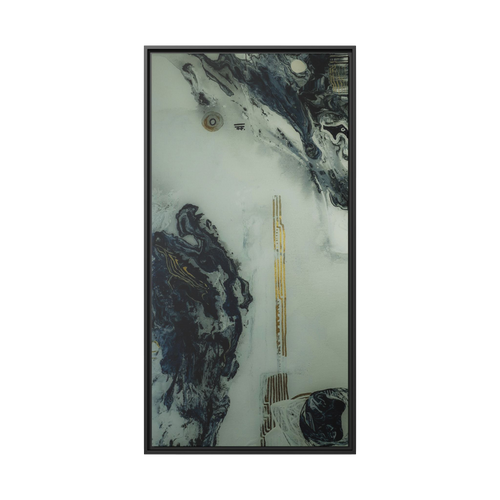 24" x 48" "Tu Gough" on 1.25" Stretched Canvas Modern Art Wall Decor Framed in black wood showcasing abstract artwork with blacks, greys, and gold color tones on a faded ink background 