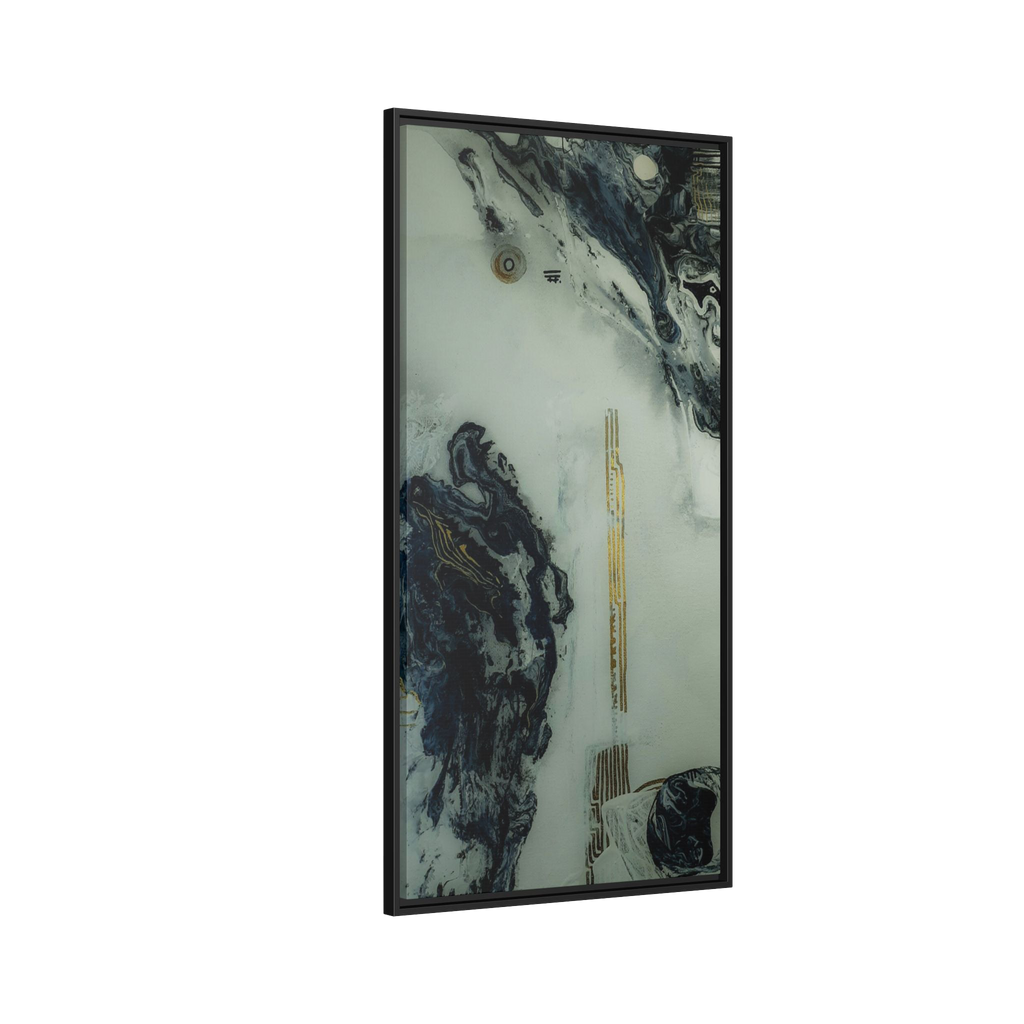 24" x 48" "Tu Gough" on 1.25" Stretched Canvas Modern Art Wall Decor Framed in black wood showcasing abstract artwork with blacks, greys, and gold color tones on a faded ink background