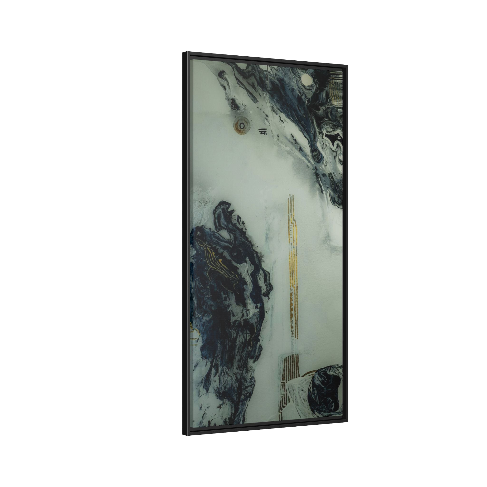 24" x 48" "Tu Gough" on 1.25" Stretched Canvas Modern Art Wall Decor Framed in black wood showcasing abstract artwork with blacks, greys, and gold color tones on a faded ink background