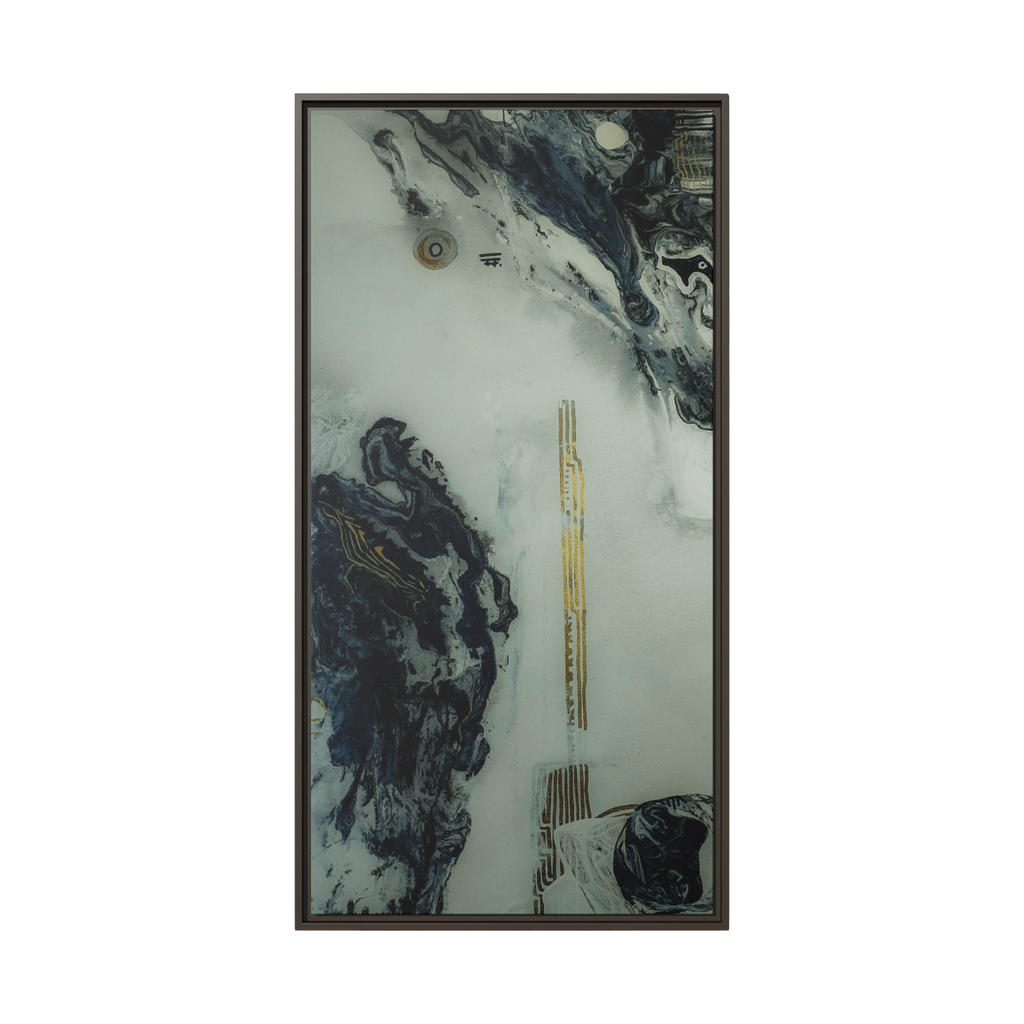 24" x 48" "Tu Gough" on 1.25" Stretched Canvas Modern Art Wall Decor Framed in espresso colored wood showcasing abstract artwork with blacks, greys, and gold color tones on a faded ink background