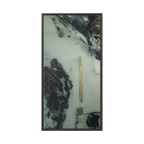 24" x 48" "Tu Gough" on 1.25" Stretched Canvas Modern Art Wall Decor Framed in espresso colored wood showcasing abstract artwork with blacks, greys, and gold color tones on a faded ink background