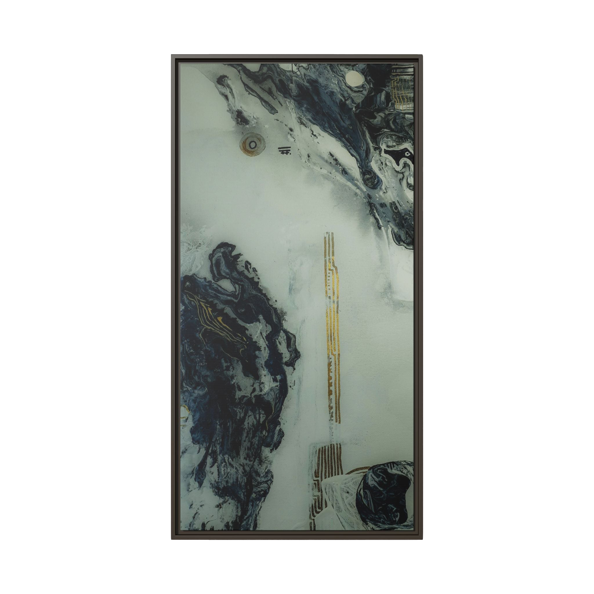 24" x 48" "Tu Gough" on 1.25" Stretched Canvas Modern Art Wall Decor Framed in espresso colored wood showcasing abstract artwork with blacks, greys, and gold color tones on a faded ink background