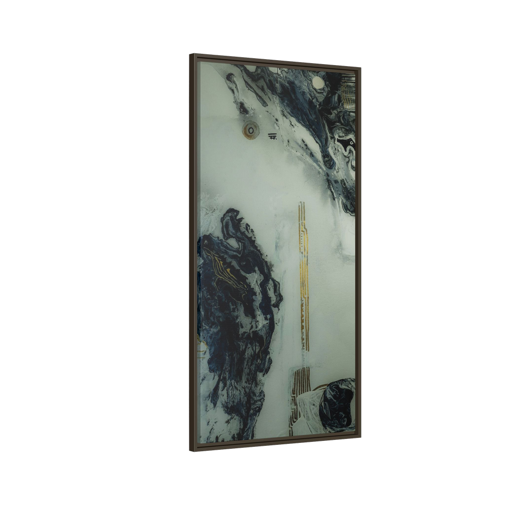 24" x 48" "Tu Gough" on 1.25" Stretched Canvas Modern Art Wall Decor Framed in espresso stained wood showcasing abstract artwork with blacks, greys, and gold color tones on a faded ink background
