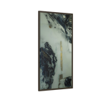 24" x 48" "Tu Gough" on 1.25" Stretched Canvas Modern Art Wall Decor Framed in espresso stained wood showcasing abstract artwork with blacks, greys, and gold color tones on a faded ink background
