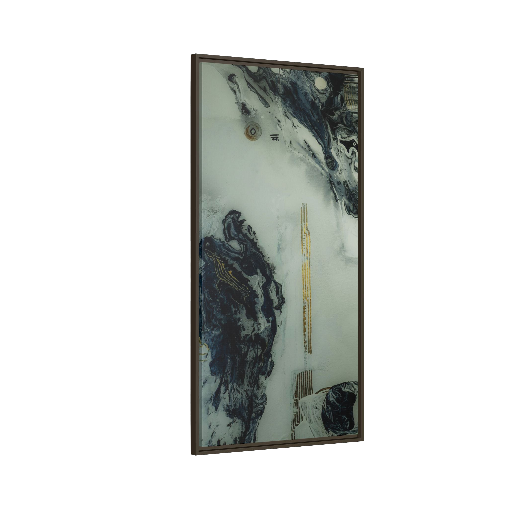 24" x 48" "Tu Gough" on 1.25" Stretched Canvas Modern Art Wall Decor Framed in espresso stained wood showcasing abstract artwork with blacks, greys, and gold color tones on a faded ink background
