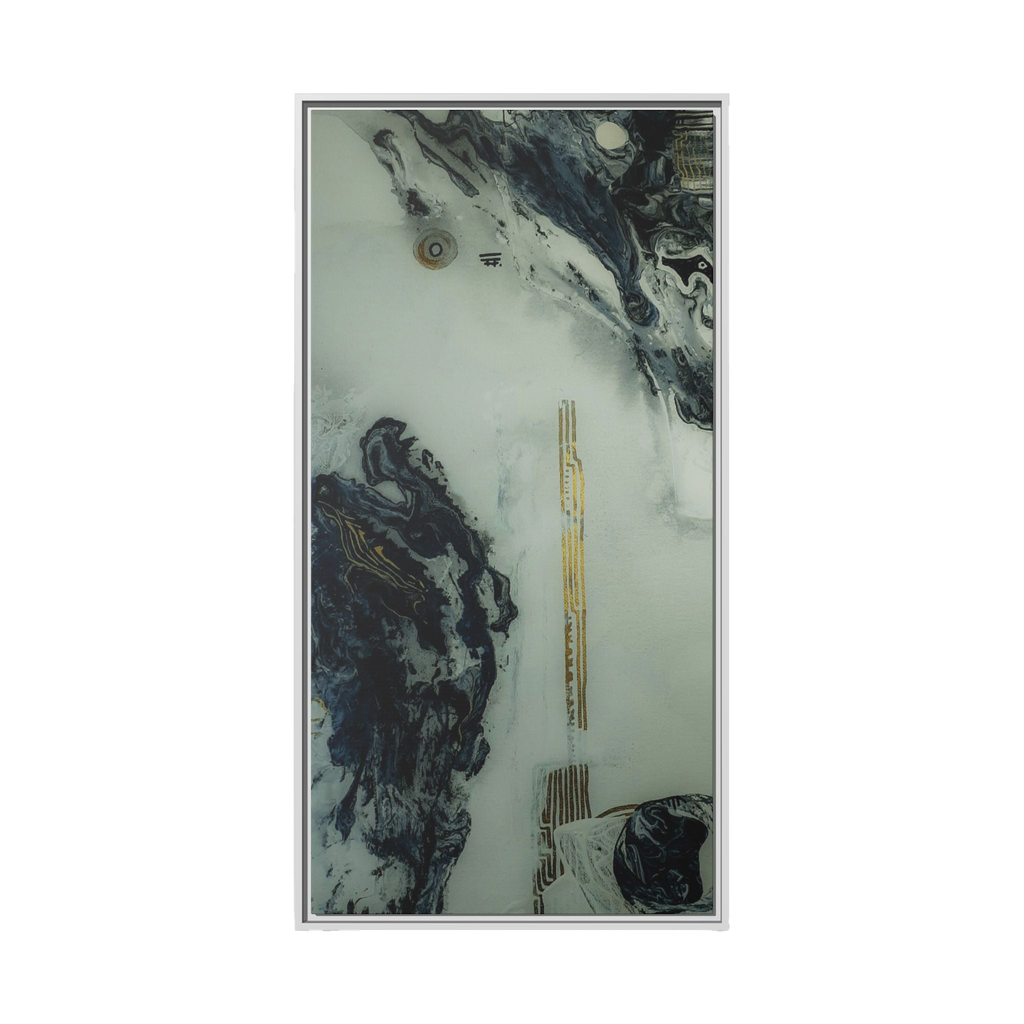 24" x 48" "Tu Gough" on 1.25" Stretched Canvas Modern Art Wall Decor Framed in white wood showcasing abstract artwork with blacks, greys, and gold color tones on a faded ink background
