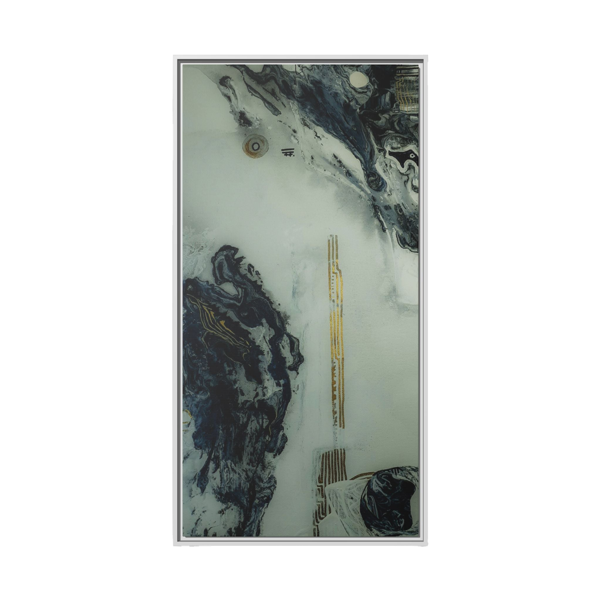 24" x 48" "Tu Gough" on 1.25" Stretched Canvas Modern Art Wall Decor Framed in white wood showcasing abstract artwork with blacks, greys, and gold color tones on a faded ink background
