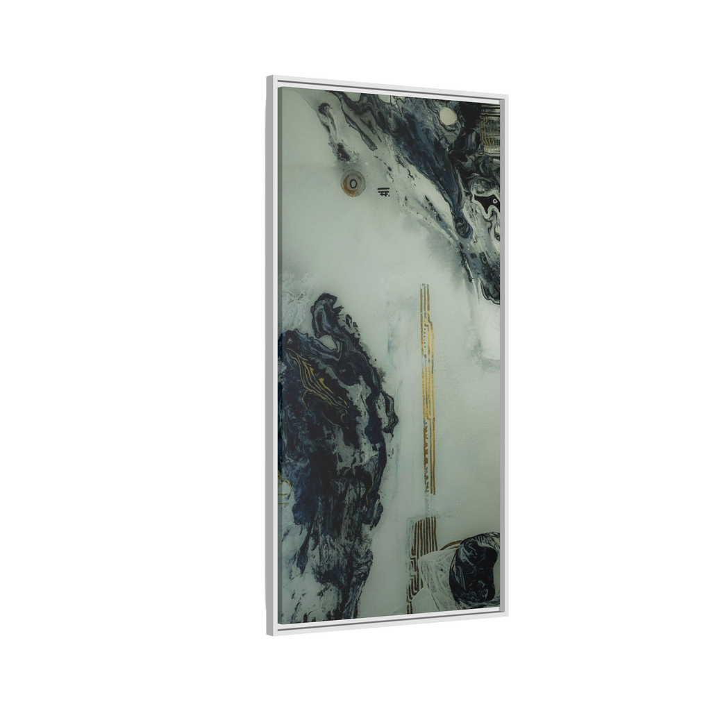 24" x 48" "Tu Gough" on 1.25" Stretched Canvas Modern Art Wall Decor Framed in white stained wood showcasing abstract artwork with blacks, greys, and gold color tones on a faded ink background
