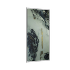 24" x 48" "Tu Gough" on 1.25" Stretched Canvas Modern Art Wall Decor Framed in white stained wood showcasing abstract artwork with blacks, greys, and gold color tones on a faded ink background
