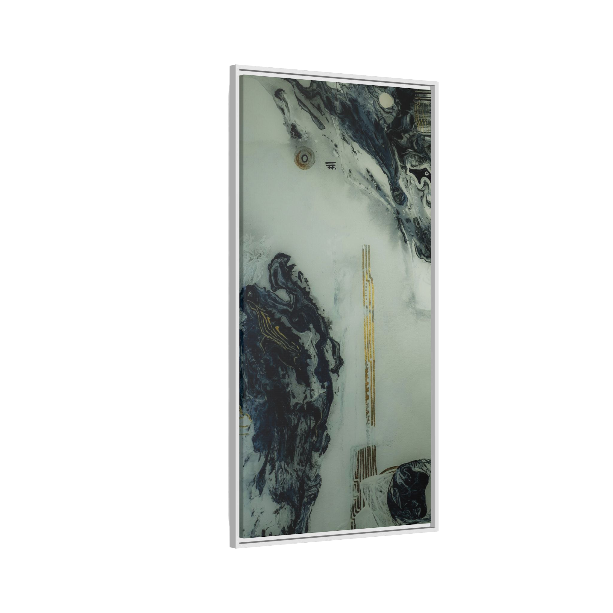 24" x 48" "Tu Gough" on 1.25" Stretched Canvas Modern Art Wall Decor Framed in white stained wood showcasing abstract artwork with blacks, greys, and gold color tones on a faded ink background
