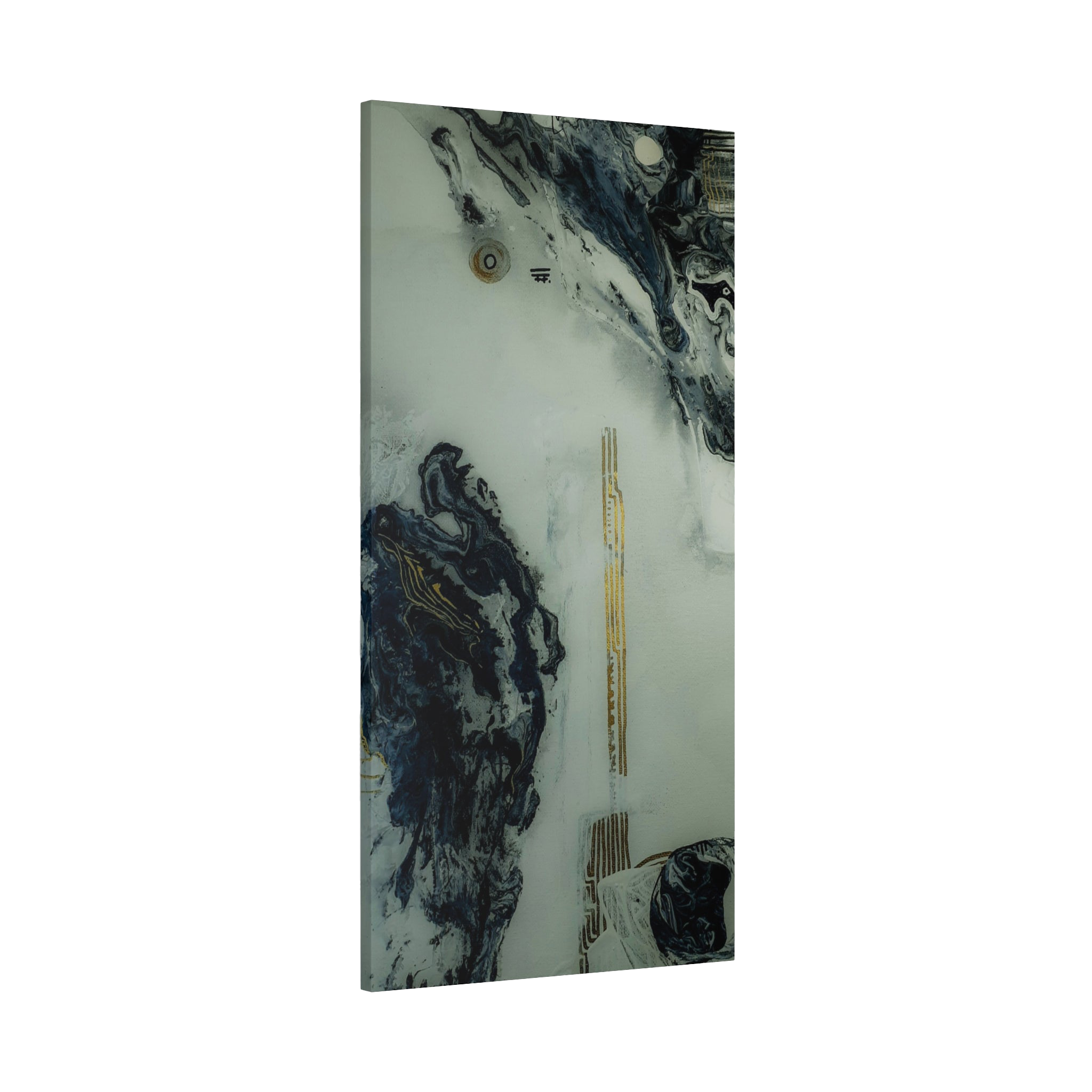 24" x 48" "Tu Gough" on 1.25" Stretched Canvas Modern Art Wall Decor showcasing abstract artwork with blacks, greys, and gold color tones on a faded ink background