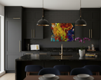 Modern kitchen with dark cabinets, marble island, and colorful Freebrd’s “Redrain” abstract painting on the wall.