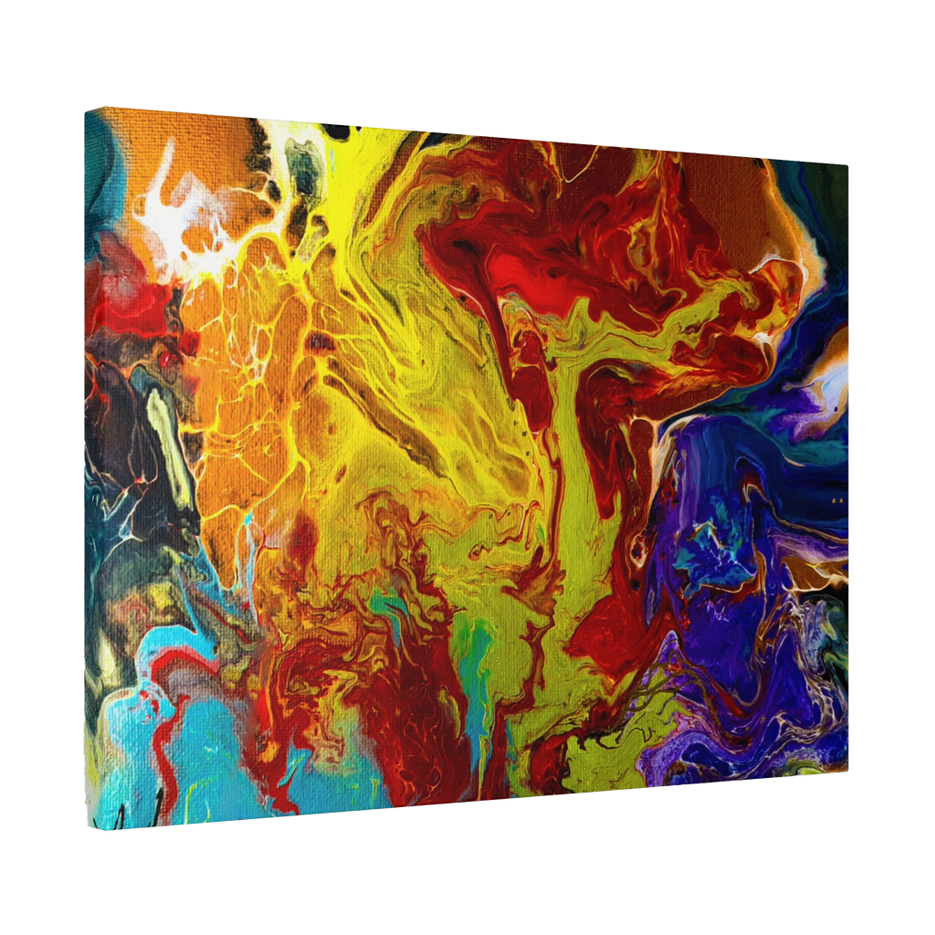 24″ x 18″ "Red Rain" Abstract Canvas Wall Art Decor Showcasing red tones, purples, yellows, bronze, blacks and blue tones on a 1.25 inch canvas. 