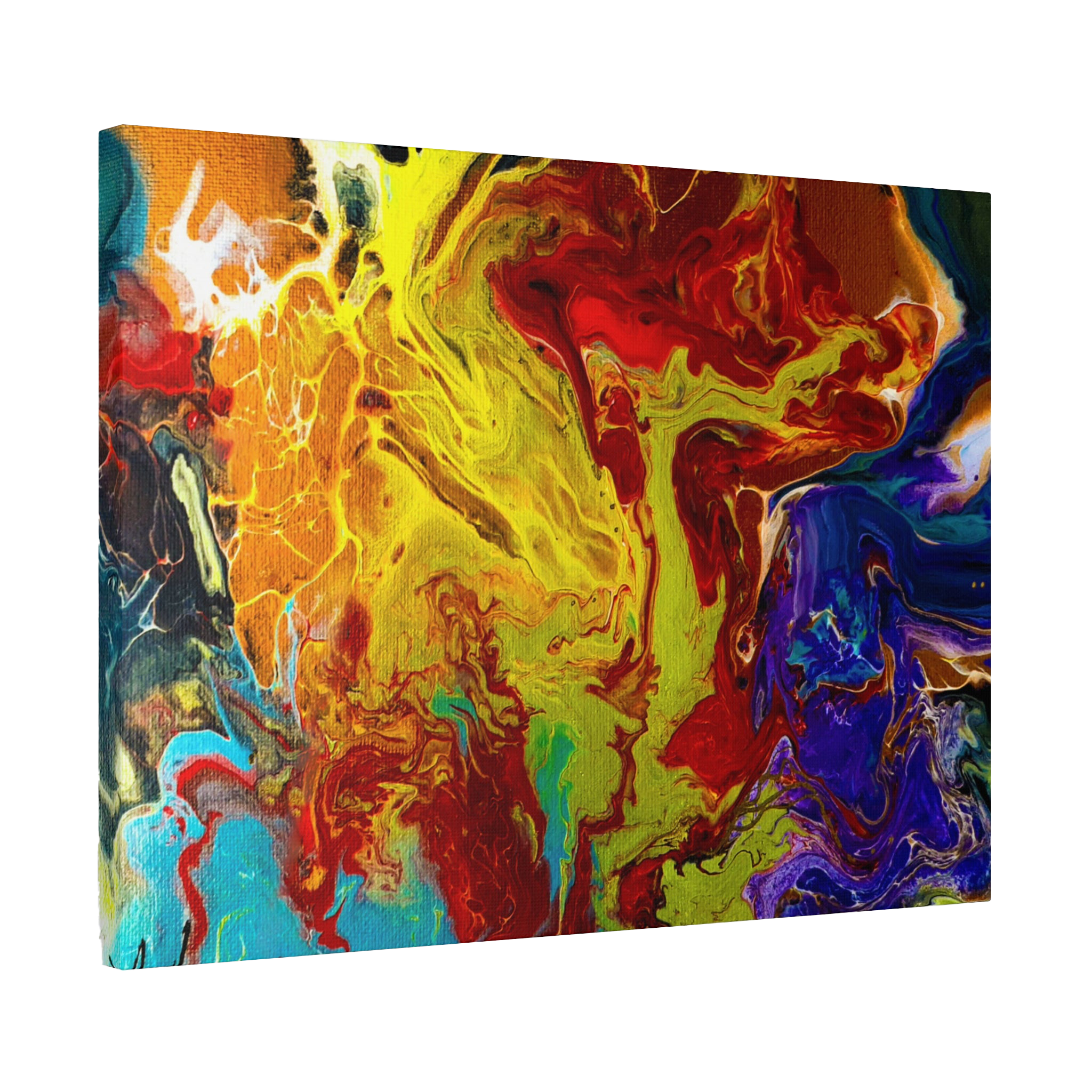 24″ x 18″ "Red Rain" Abstract Canvas Wall Art Decor Showcasing red tones, purples, yellows, bronze, blacks and blue tones on a 1.25 inch canvas. 