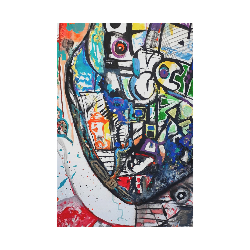 24" x 36" Freebrd "Frankly" Surrealistic Geometric Facial Abstractions Contemporary Wall Art, on a 1.5 inch thick canvas, showcasing blues, reds, purples, greys, beige, yellows and orange tones. 